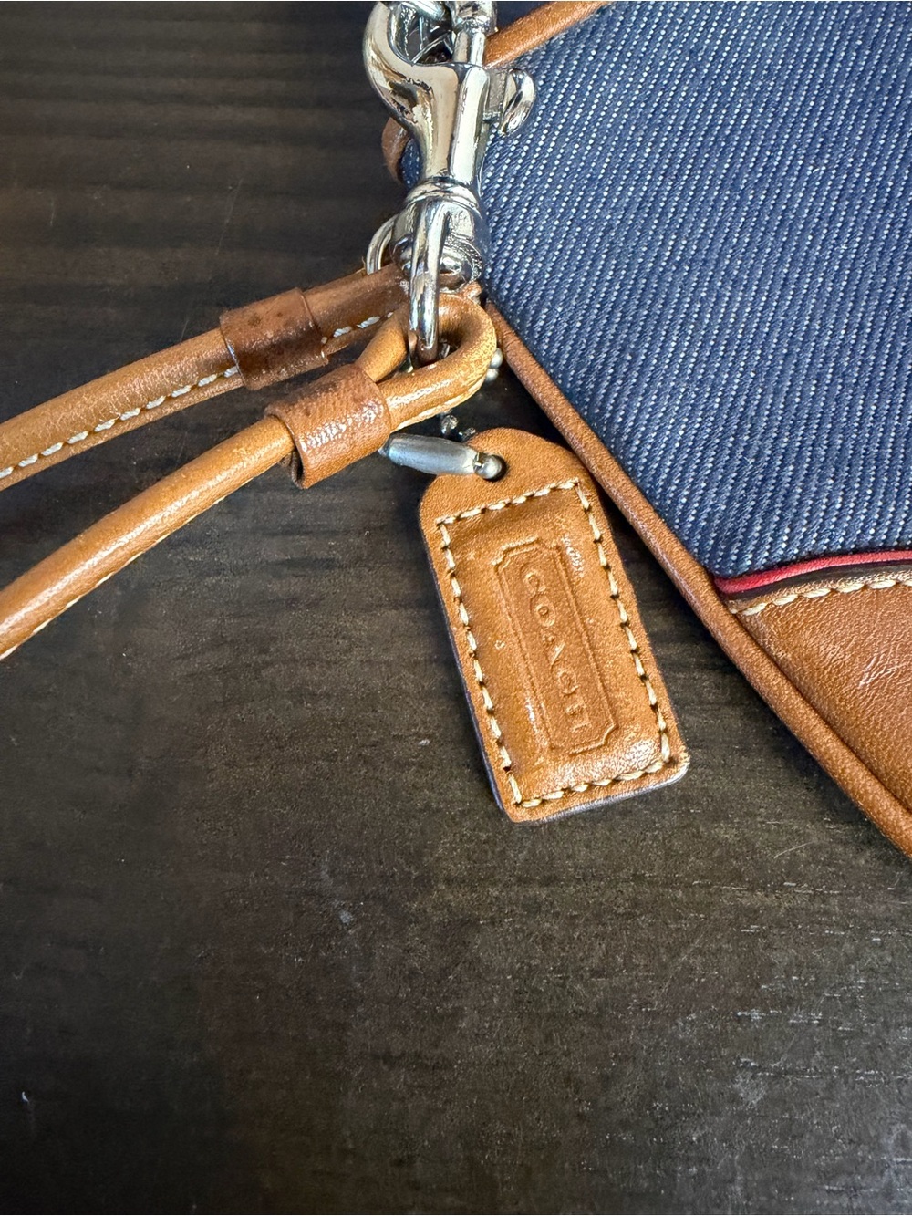Coach Denim Wristlet with Tan Leather and Red Stripe Y2K - Picture 5 of 10